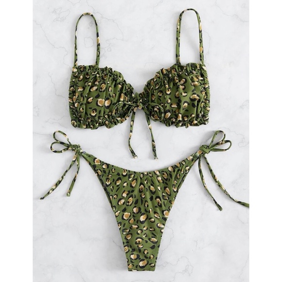 NWT - Leopard Frill Trim Tie Side Bikini - Picture 3 of 6